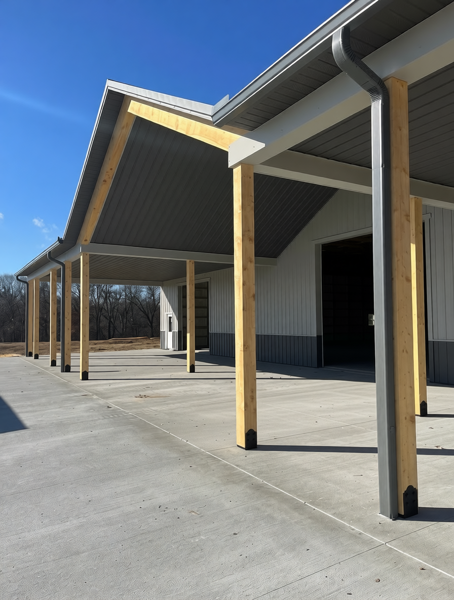 Integrated downspout placement tucked discreetly against the support post